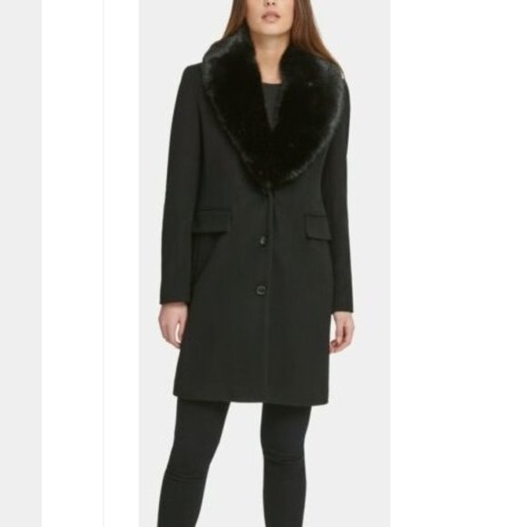 Dkny Single-Breasted Faux-Fur Shawl Collar Coat | Black - Small - Picture 1 of 1